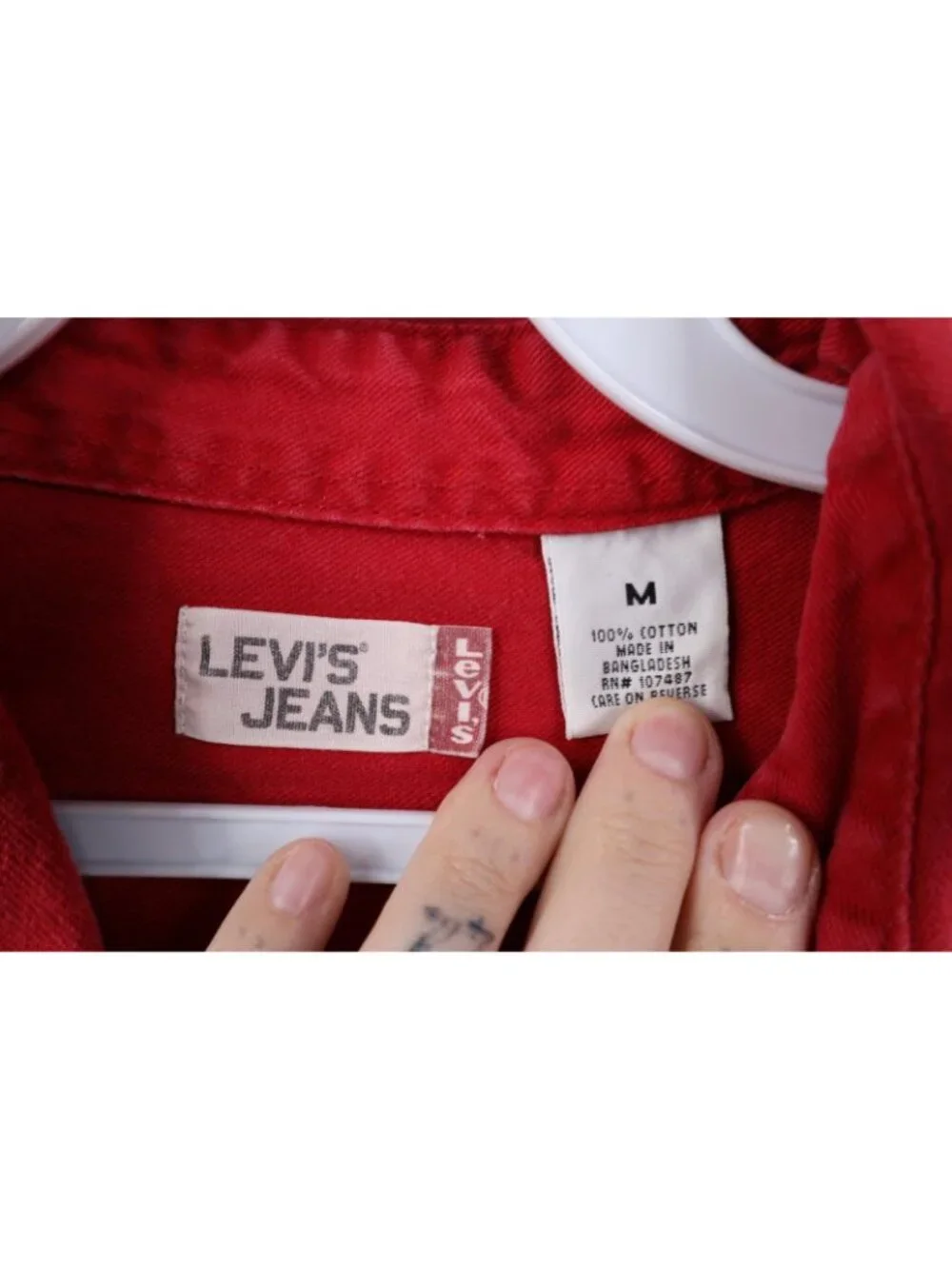Vintage 90s Levis Mens Medium Distressed Collared Denim Jean Button Shirt Red